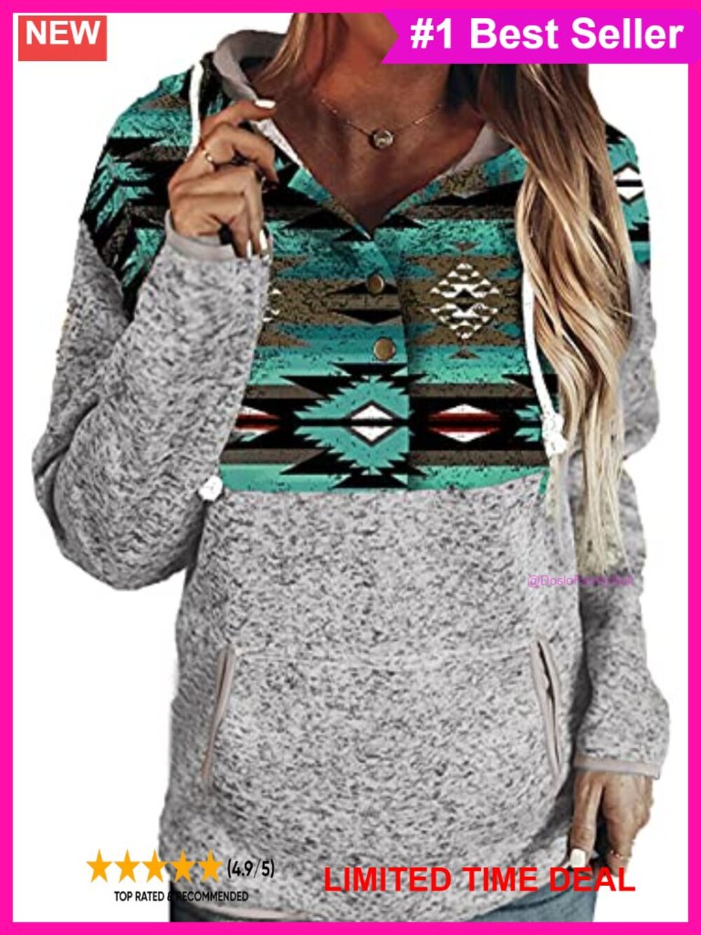 Womens Long Sleeve Button Neck Drawstring Pullover Hoodie Sweatshirt with